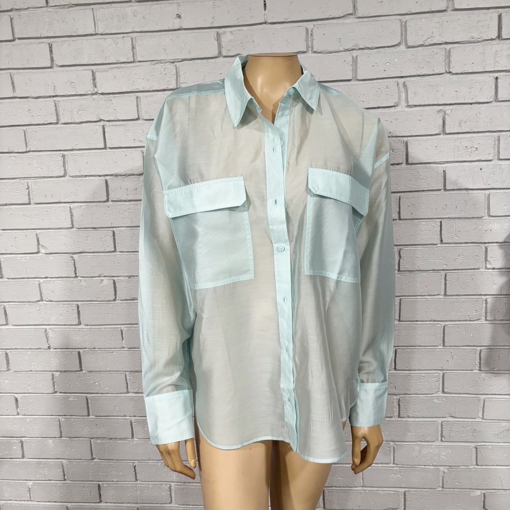 LOFT Womens Mint Green Sheer Shimmer Button Down Blouse Long Sleeve | Size S